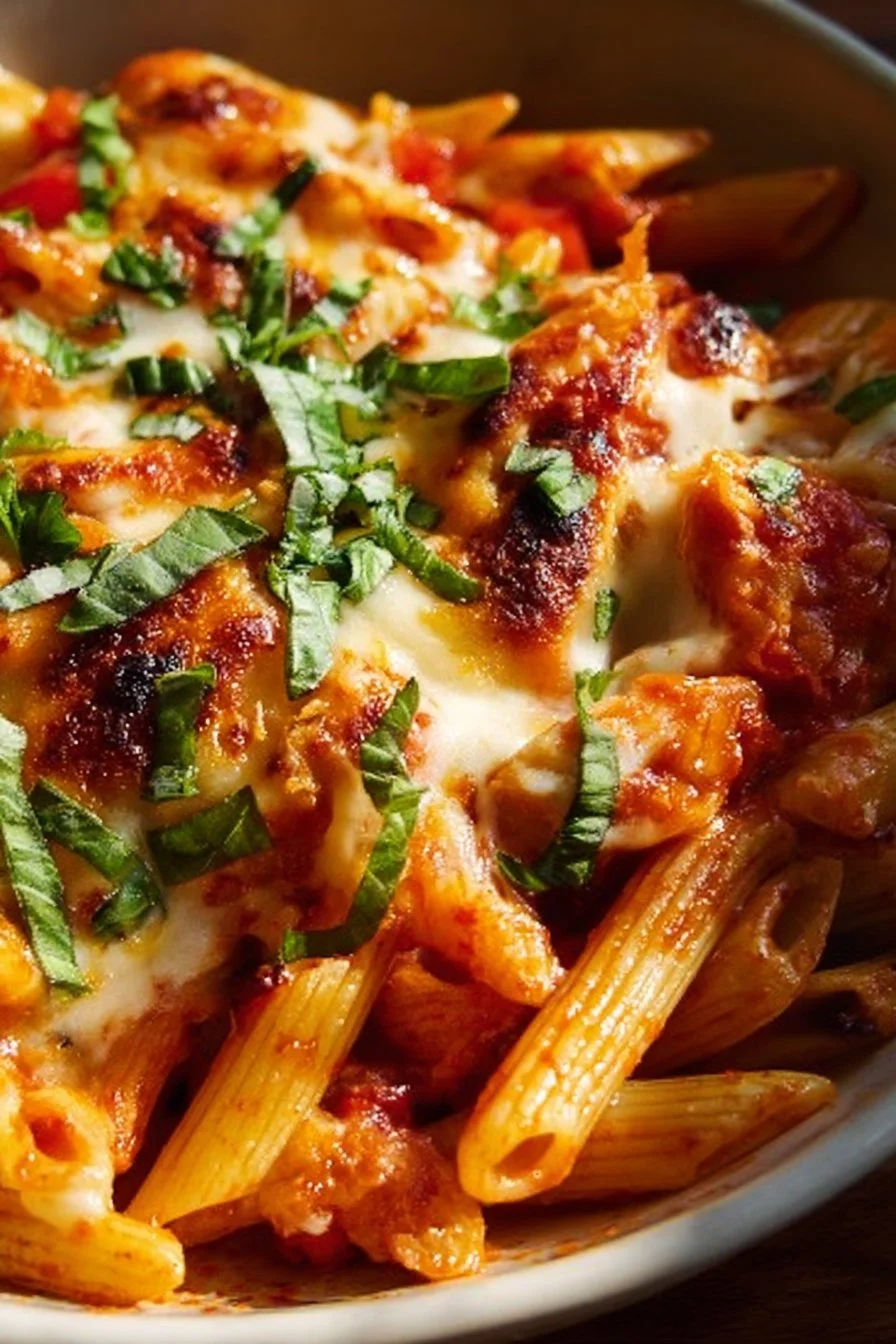 Healthy cottage cheese pasta bake with colorful veggies, melted cheese, and pasta.