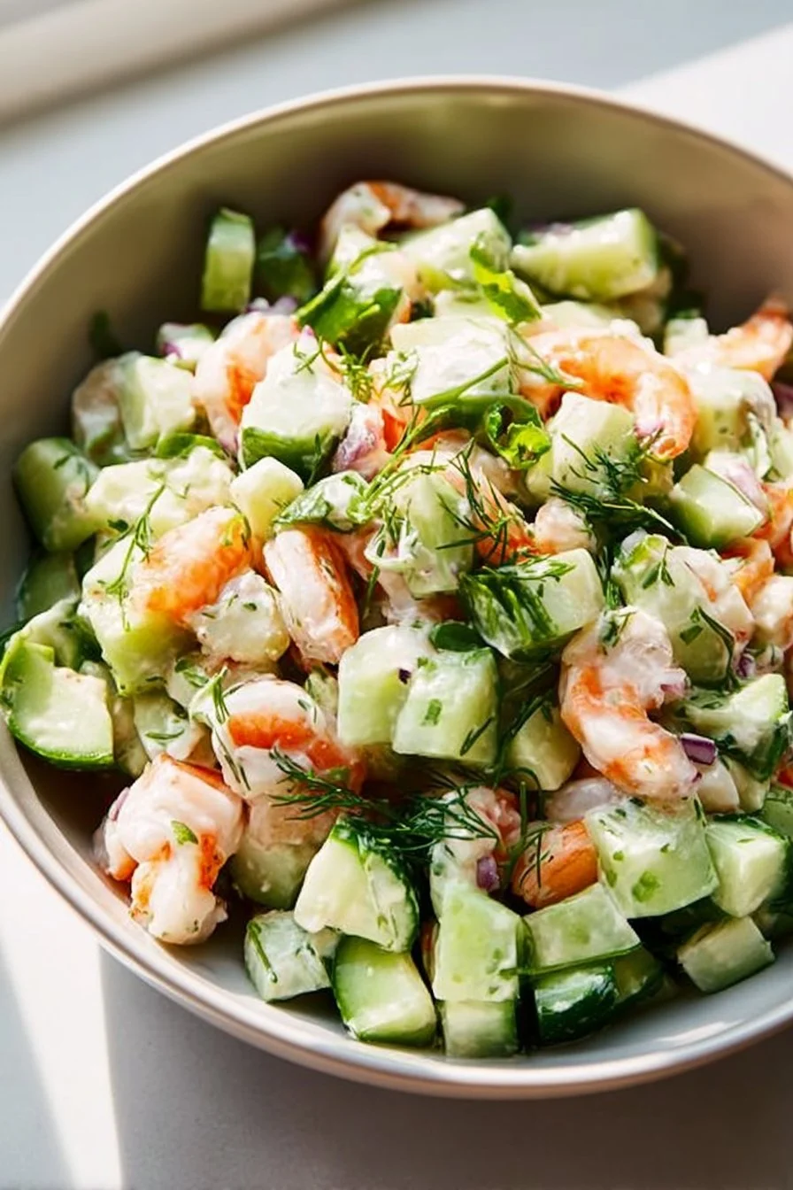 Healthy cucumber shrimp salad with vibrant vegetables and shrimp