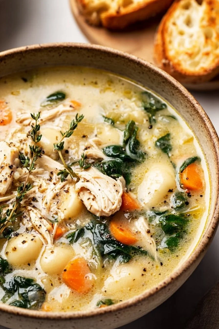 Healthy rotisserie chicken gnocchi soup served in a bowl with herbs