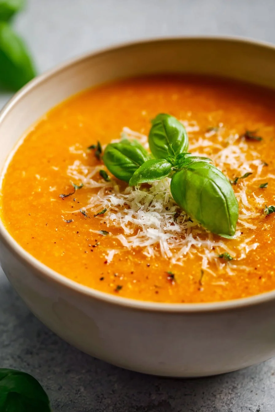 High Protein Tomato Soup served in a bowl with fresh herbs and toppings