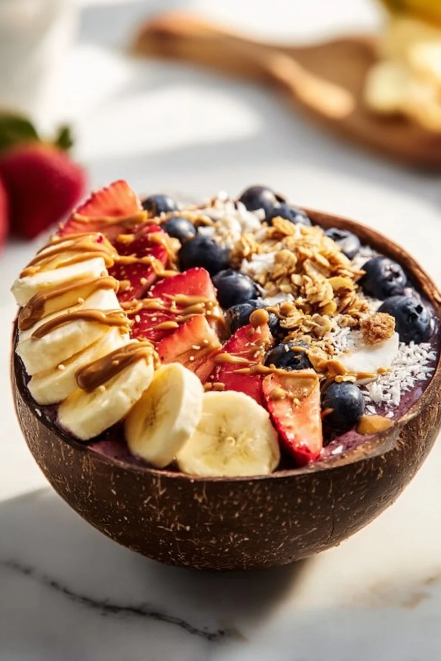 Delicious homemade acai bowl topped with fresh fruits and granola