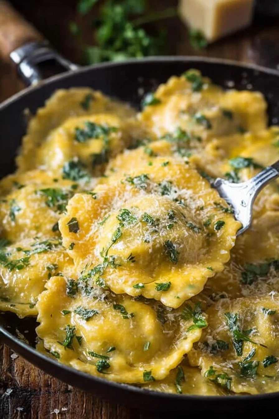 Delicious homemade creamy mushroom ravioli served on a plate