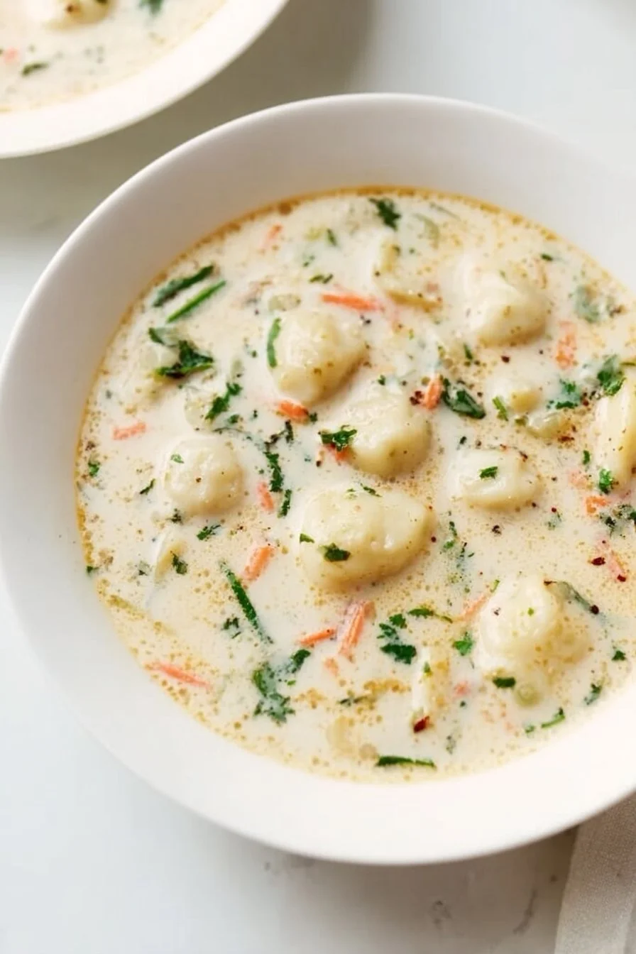 Bowl of homemade Olive Garden chicken gnocchi soup with herbs and vegetables
