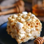 Delicious honeycomb marshmallow treats on a plate, topped with chocolate and sprinkles.