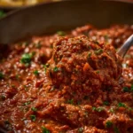 A delicious pot of homemade Bolognese sauce simmering on the stove.