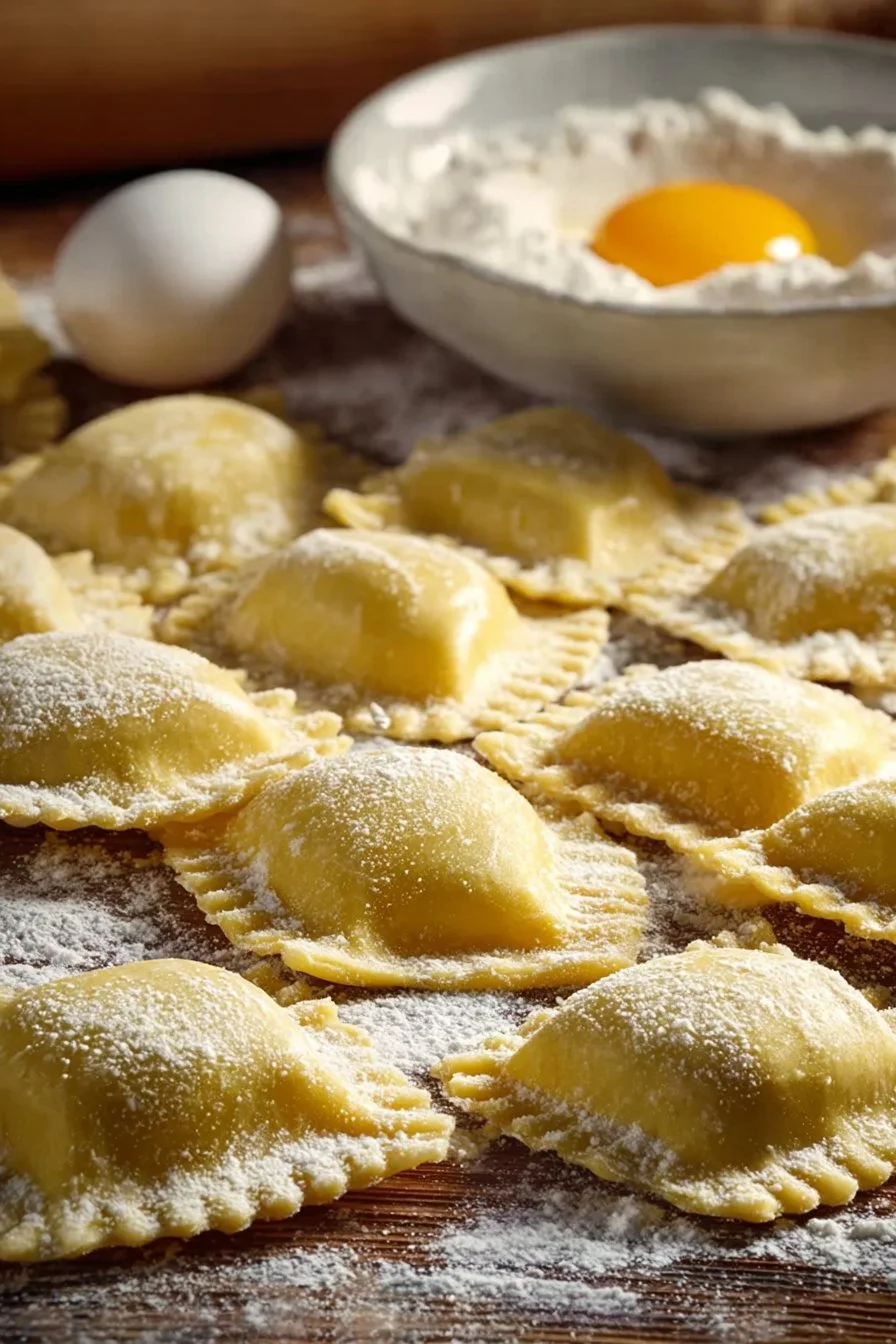 Homemade ravioli pasta dough being rolled out on a wooden surface.