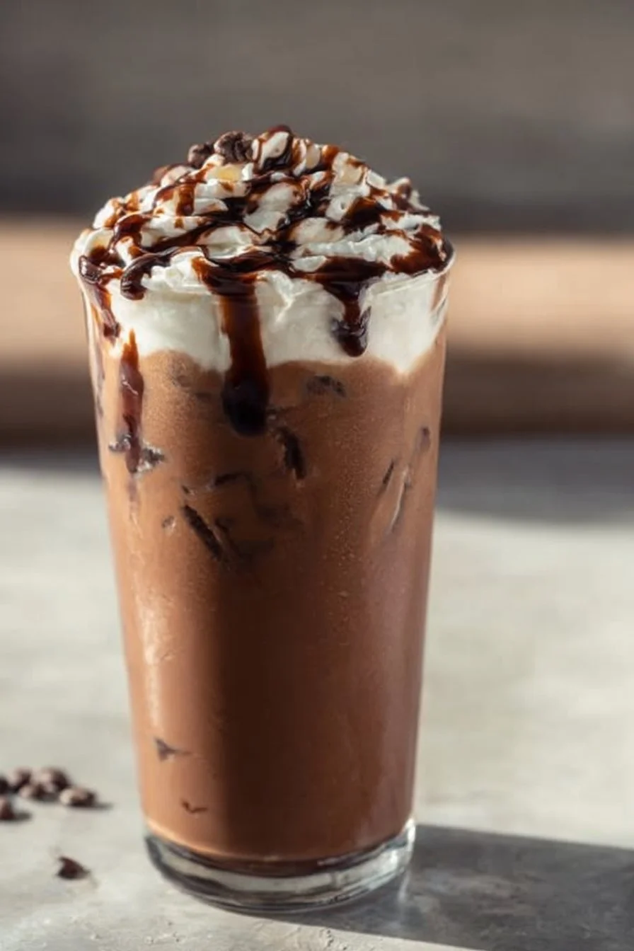 Glasses of iced mocha coffee topped with whipped cream and chocolate drizzle.