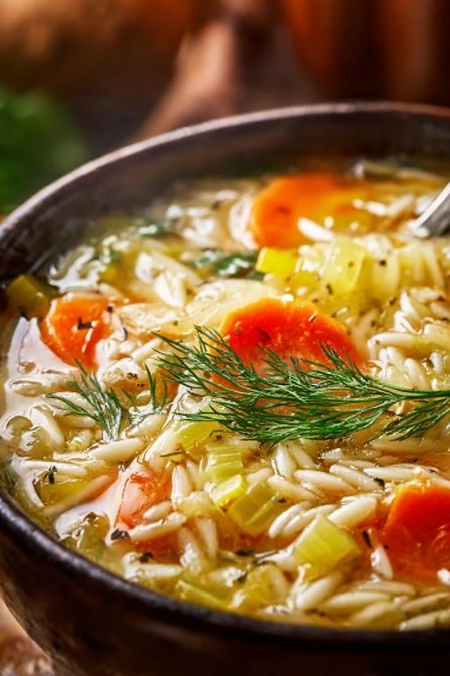 Bowl of Orzo soup with leeks and dill garnished with fresh herbs