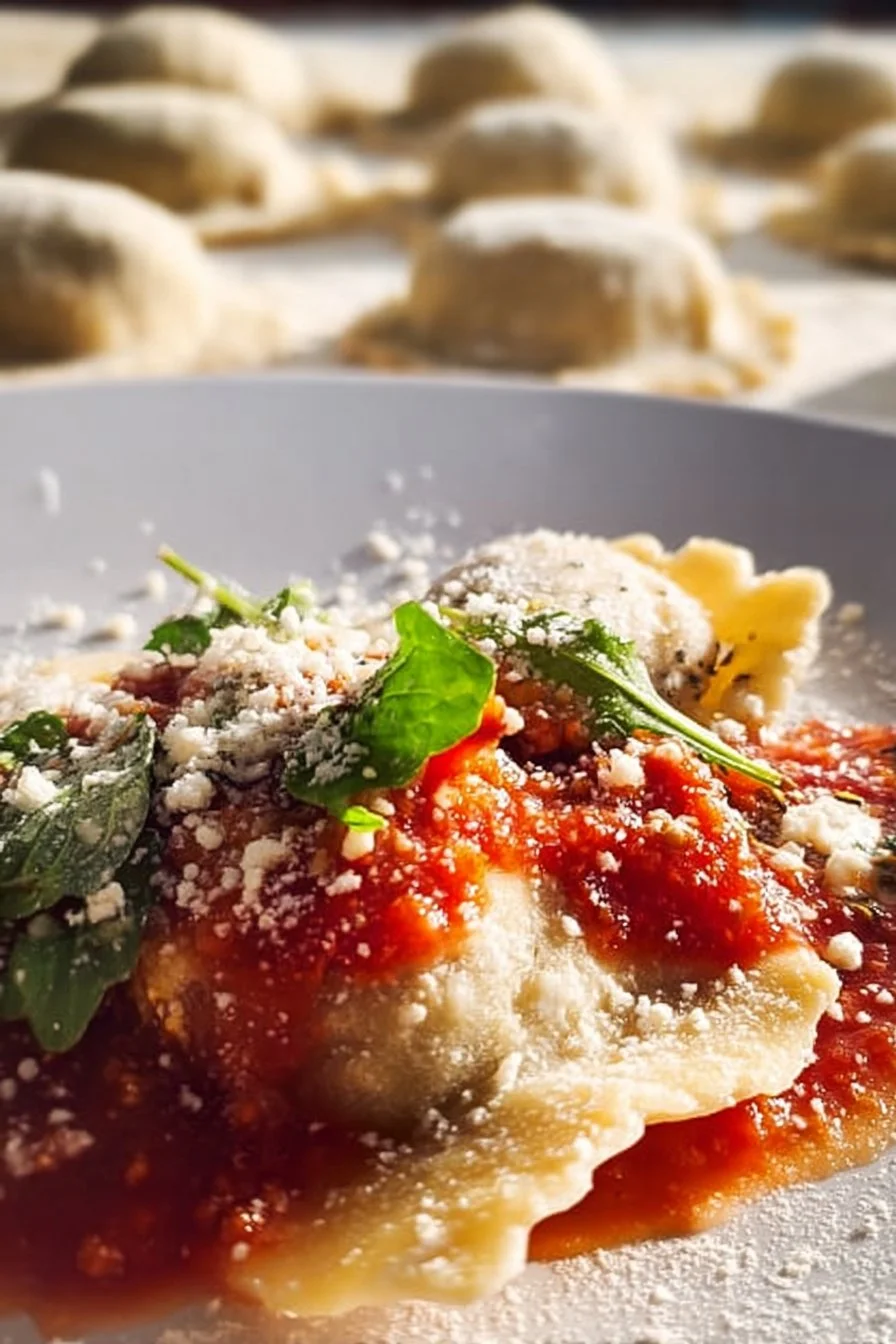 Italian Beef Ravioli filled with seasoned beef and served with marinara sauce.