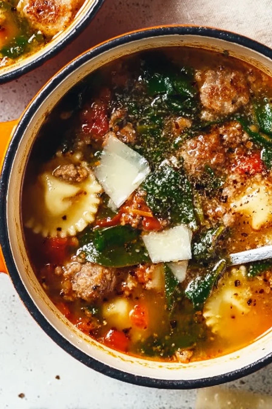 Bowl of delicious Italian Sausage Soup with fresh herbs and vegetables
