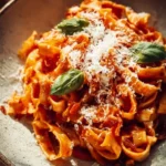 Plate of Italian Tagliatelle with pancetta, fresh basil, and melted mozzarella cheese.