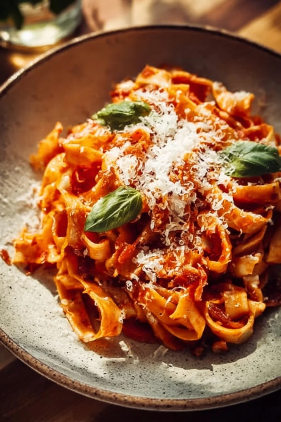 Plate of Italian Tagliatelle with pancetta, fresh basil, and melted mozzarella cheese.