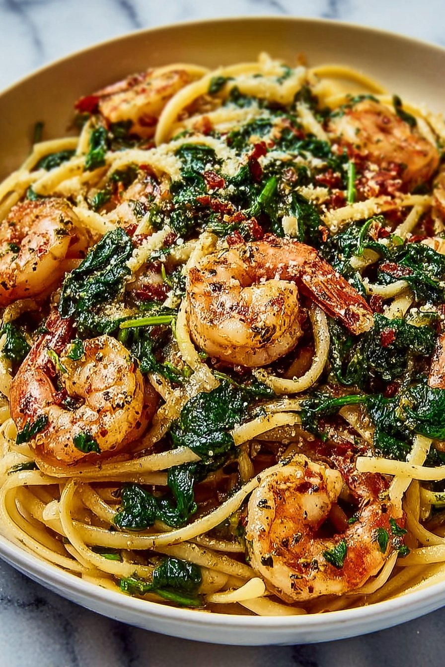 Garlic Shrimp and Spinach Linguine