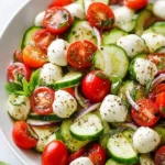 Juicy Cucumber Caprese Salad with fresh tomatoes and basil garnish