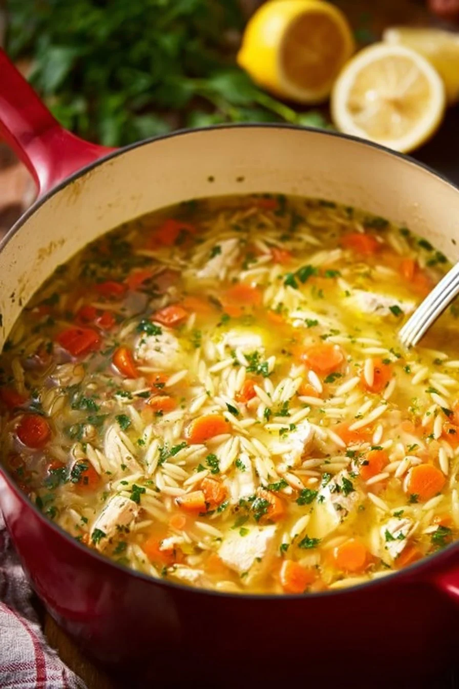 Bowl of leftover turkey orzo soup with vegetables and herbs