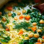 Bowl of Lemon Chickpea Orzo Soup with fresh herbs and lemon slices