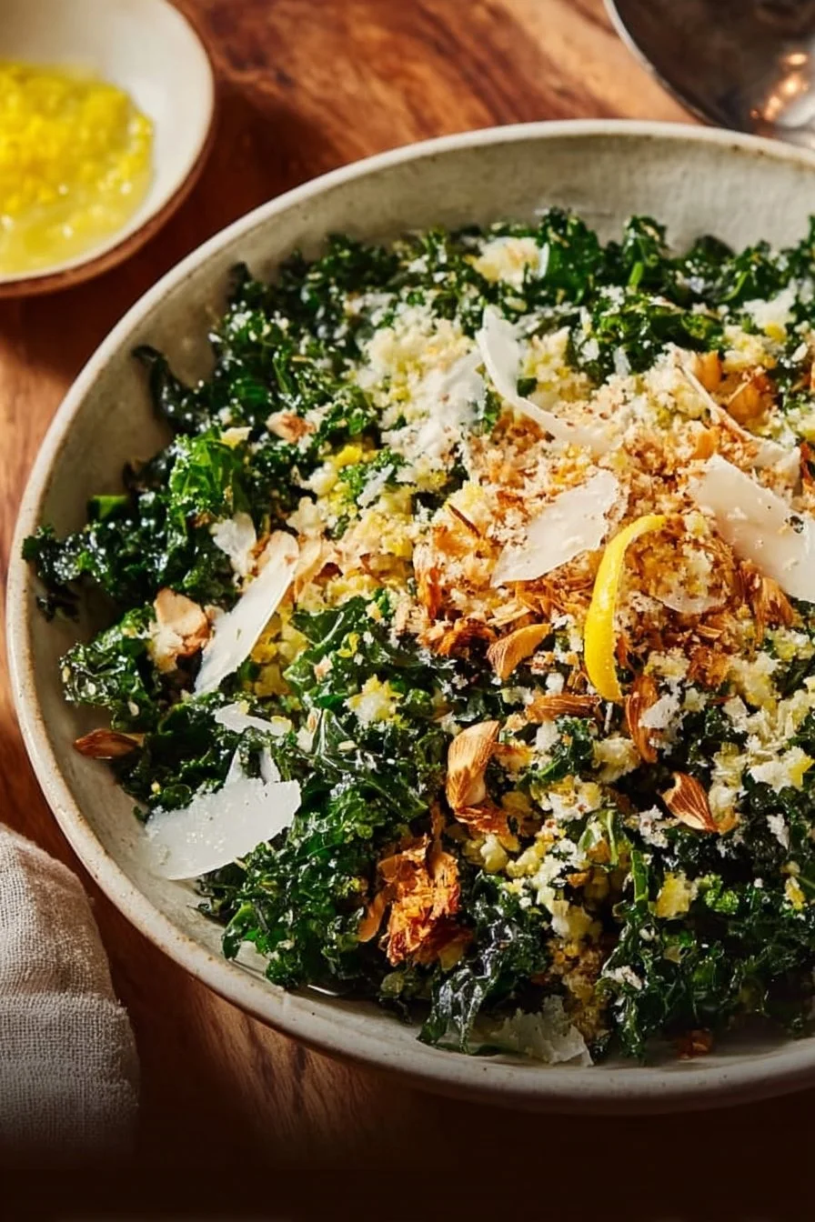 Freshly prepared Lemon Parm Kale Salad with lemon dressing and parmesan cheese