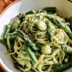 Plate of authentic Ligurian Pasta Trenette with fresh herbs and olive oil