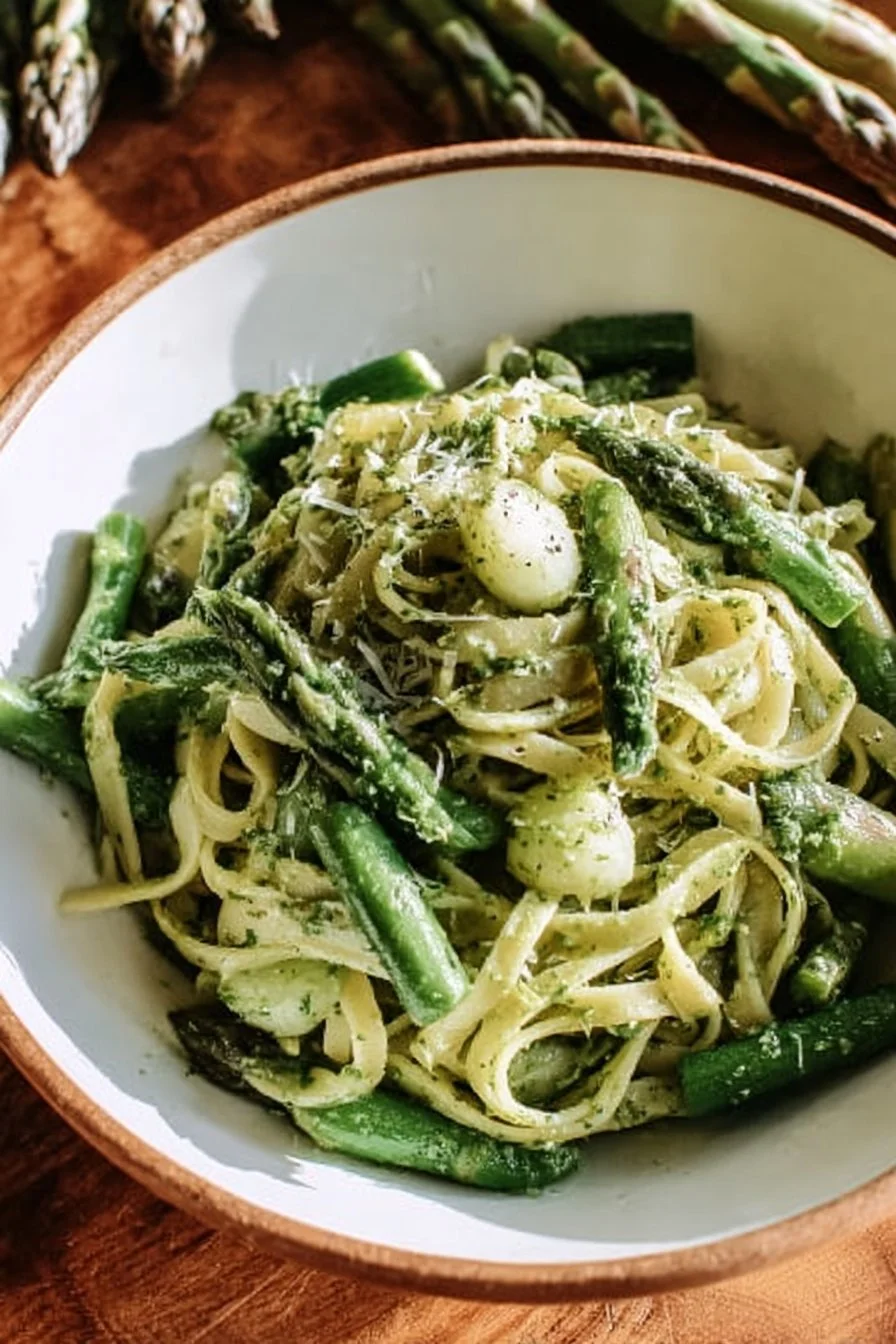 Plate of authentic Ligurian Pasta Trenette with fresh herbs and olive oil
