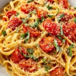 Delicious Linguine Positano served with fresh herbs and cherry tomatoes