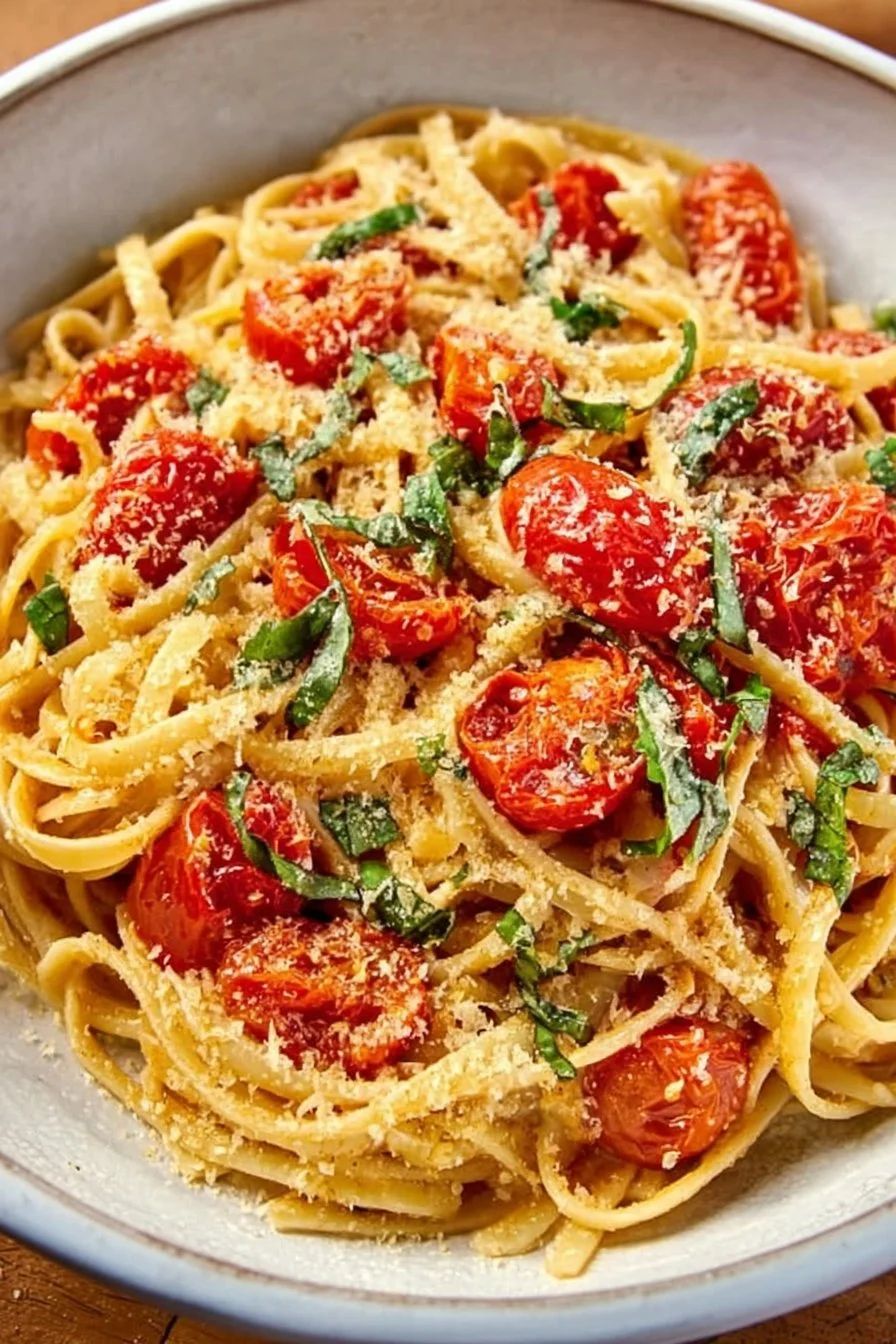 Delicious Linguine Positano served with fresh herbs and cherry tomatoes