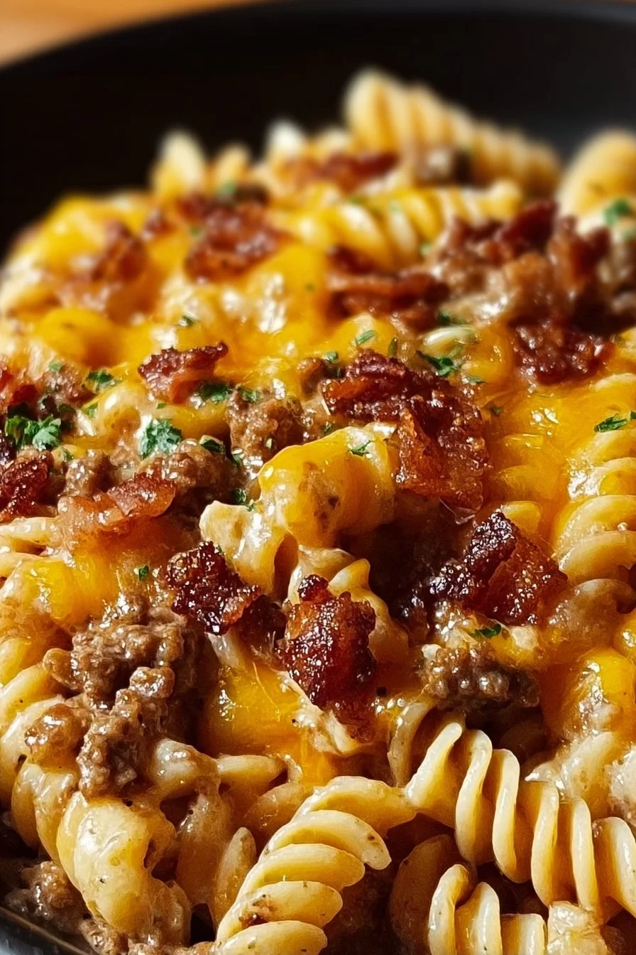 Delicious Loaded Bacon Cheeseburger Pasta topped with cheese and bacon
