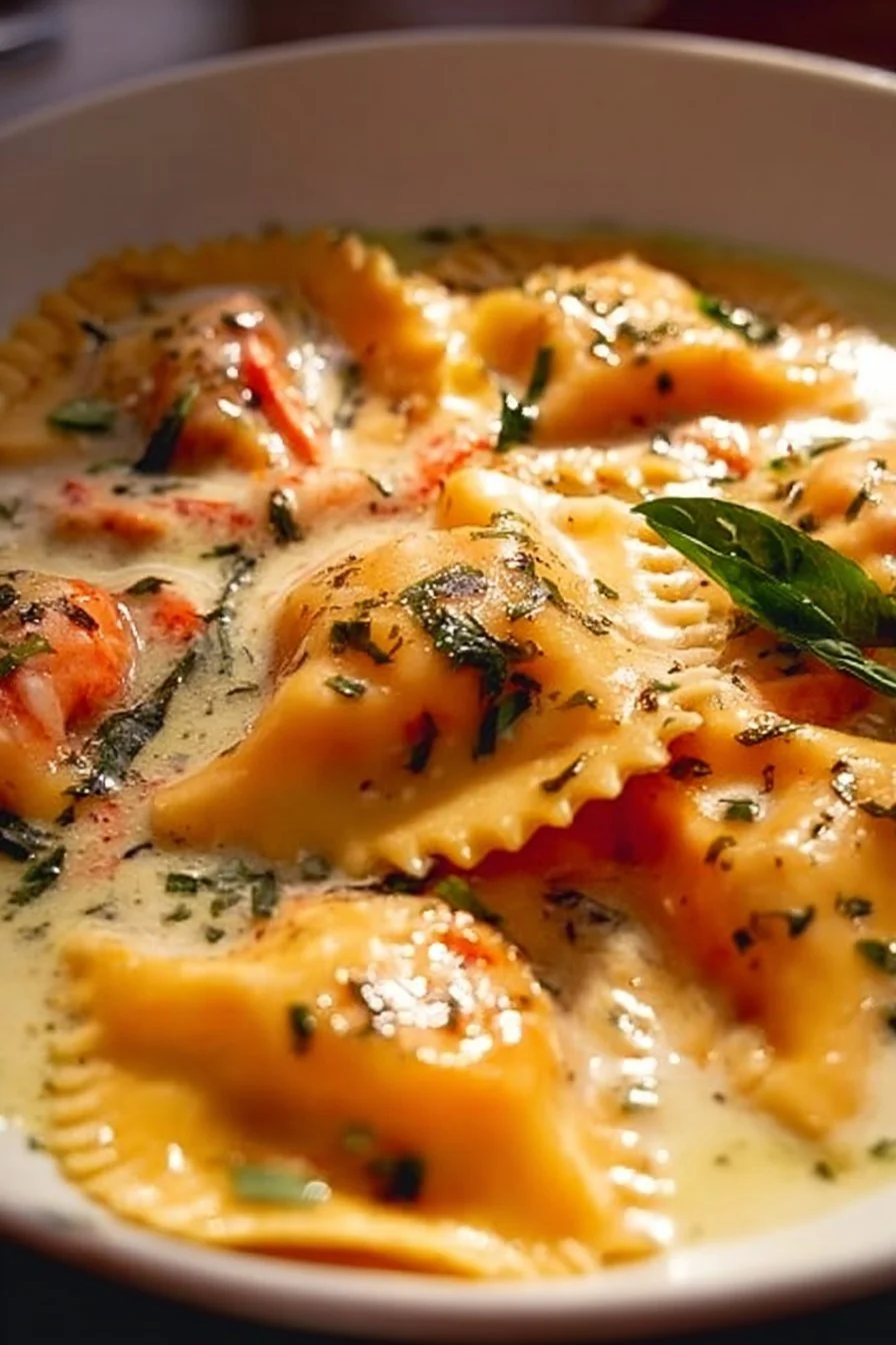 Delicious lobster ravioli served with rich sauce on a plate