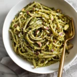 Bowl of Lynne's Linguine topped with vibrant pistachio pesto sauce.