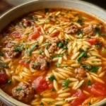 Bowl of Marry Me Sausage Orzo Soup with fresh herbs and sausages
