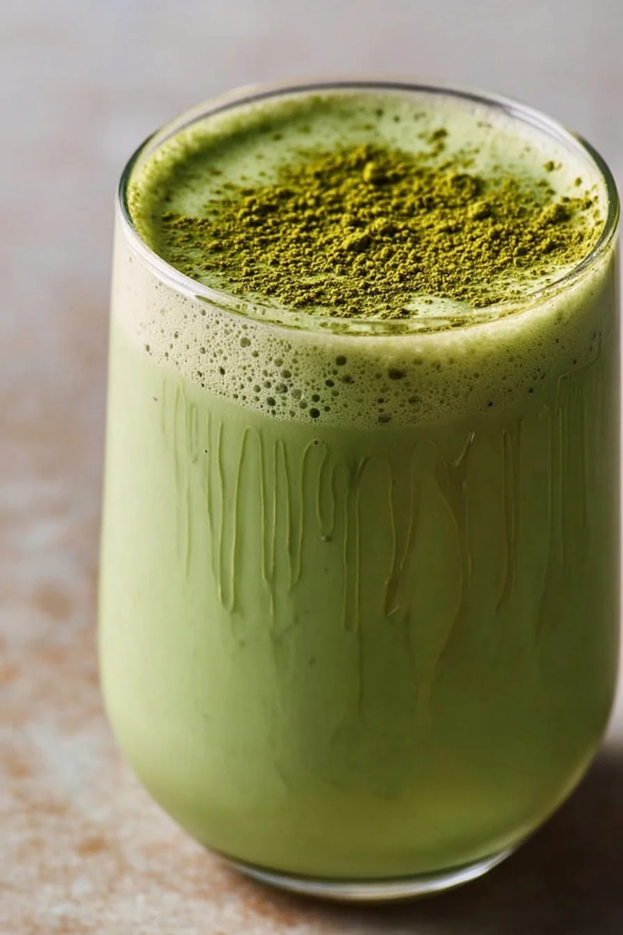 Refreshing matcha green smoothie in a glass with a straw, garnished with mint.