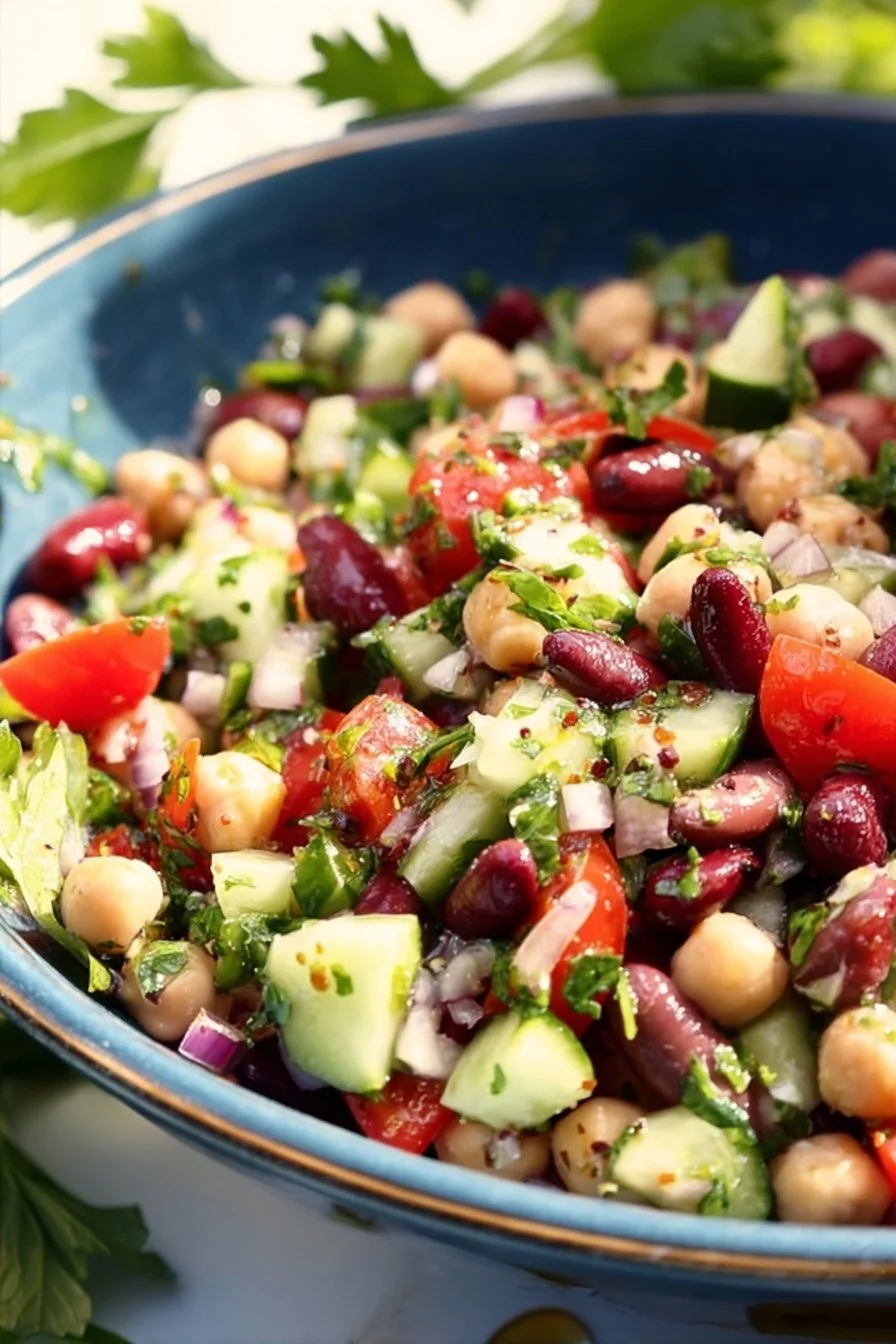 Fresh Mediterranean bean salad with colorful vegetables and beans