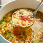 Bowl of Mediterranean Orzo Soup with fresh herbs and vegetables