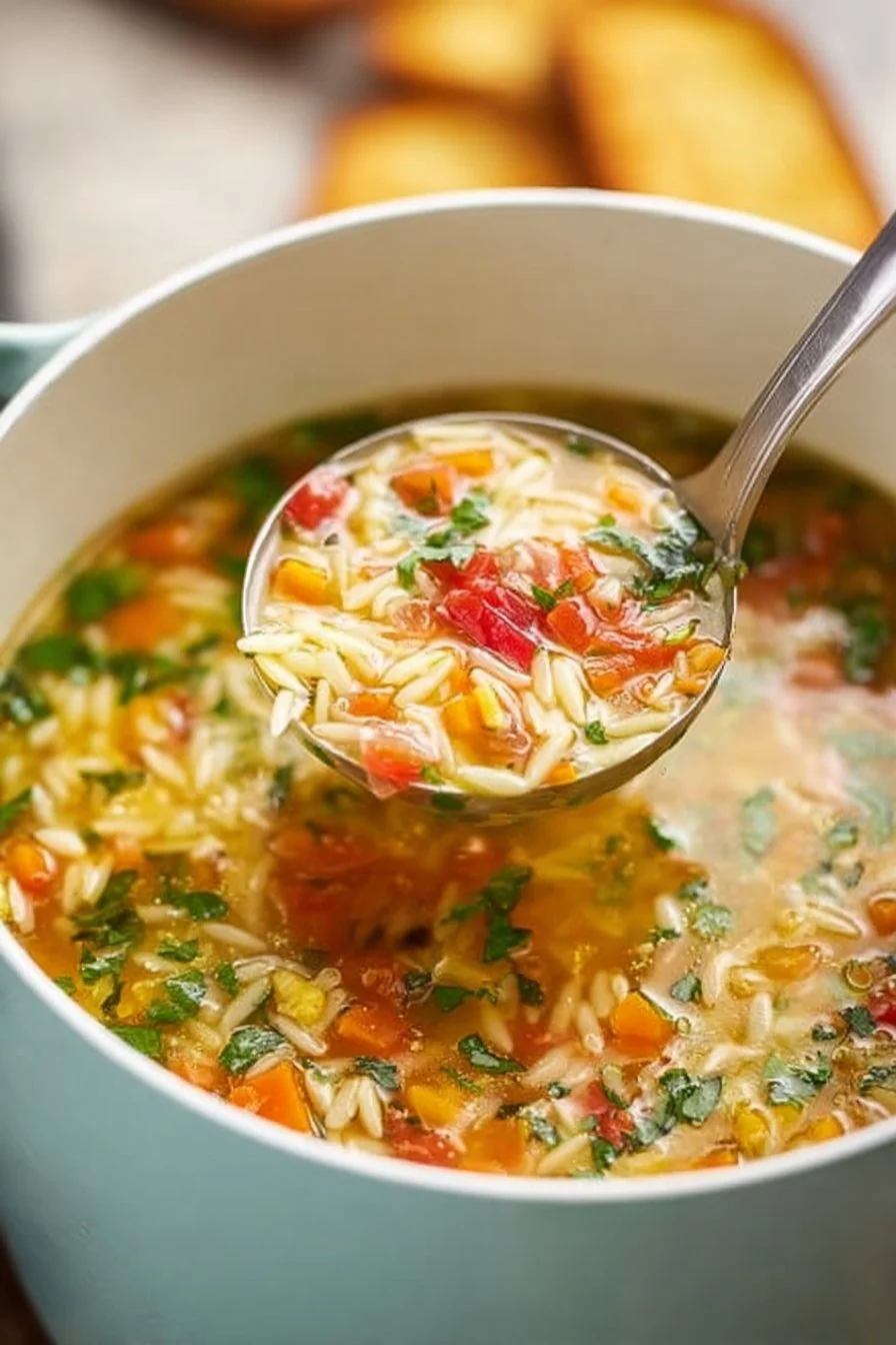 Bowl of Mediterranean Orzo Soup with fresh herbs and vegetables