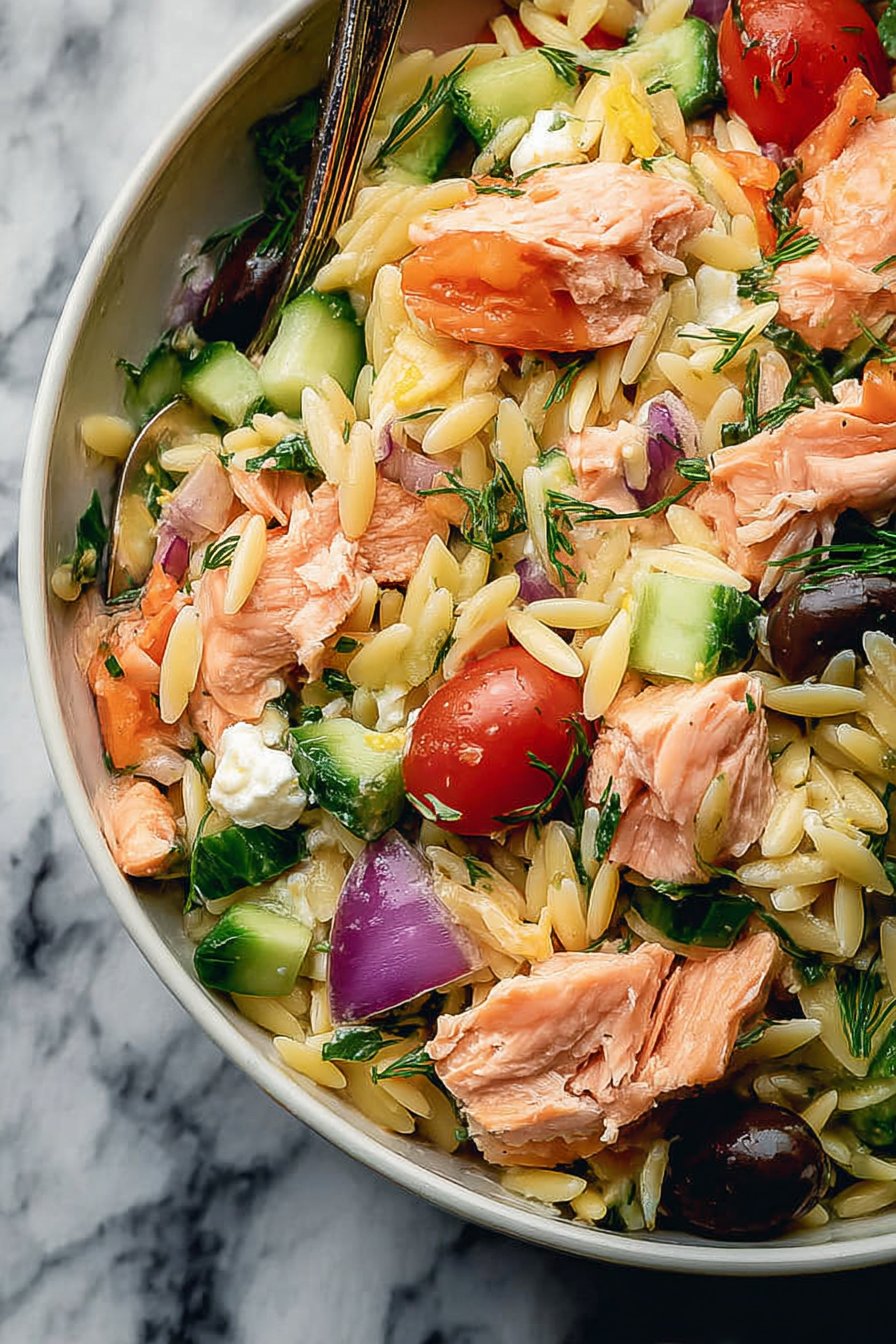Simple Salmon Orzo Salad - flirtyfood