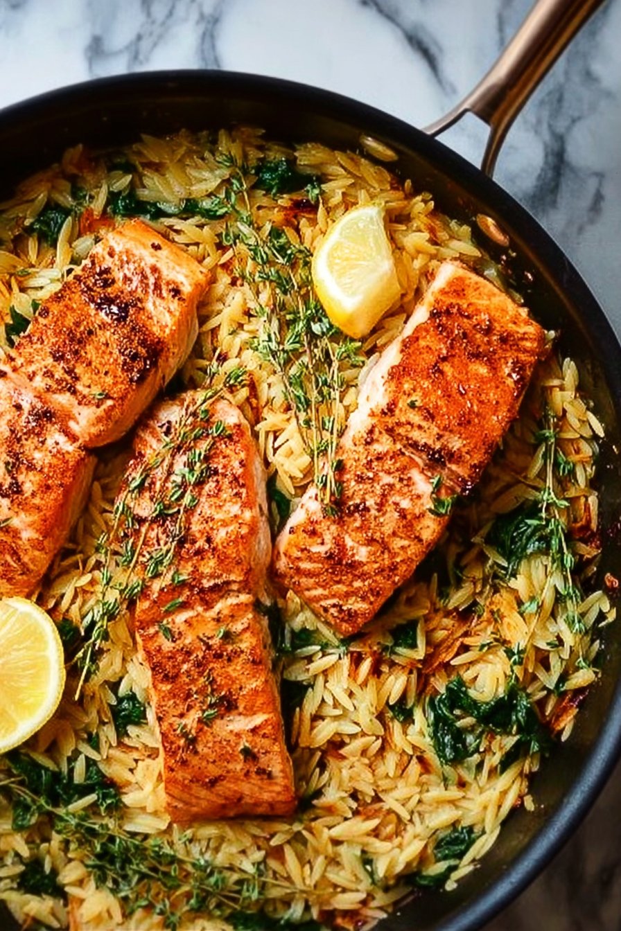 One Skillet Salmon with Lemon Orzo