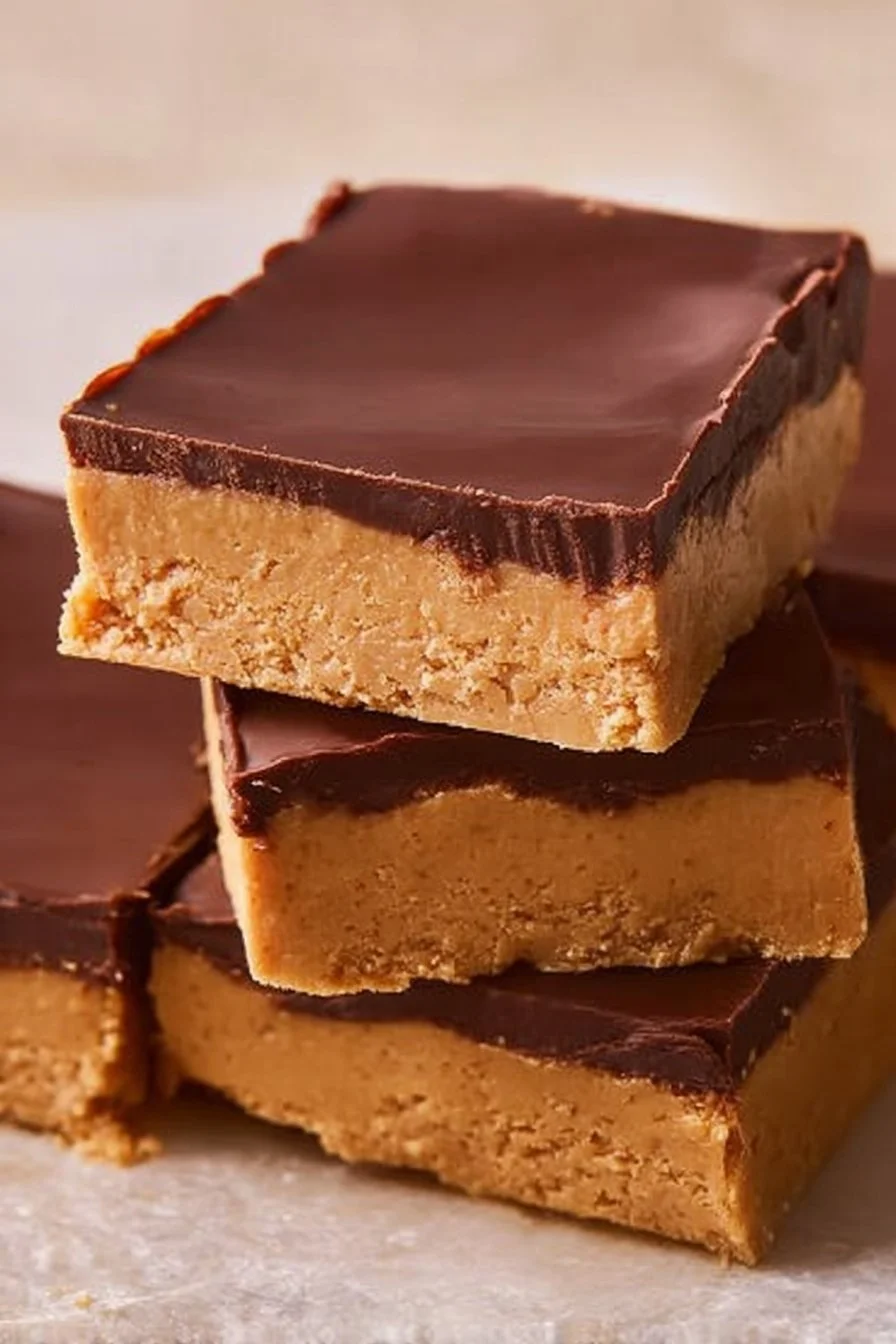 No-Bake Peanut Butter Buckeye Bars topped with chocolate in a dish