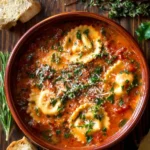 Delicious one-pot vegetarian ravioli soup with fresh vegetables and herbs