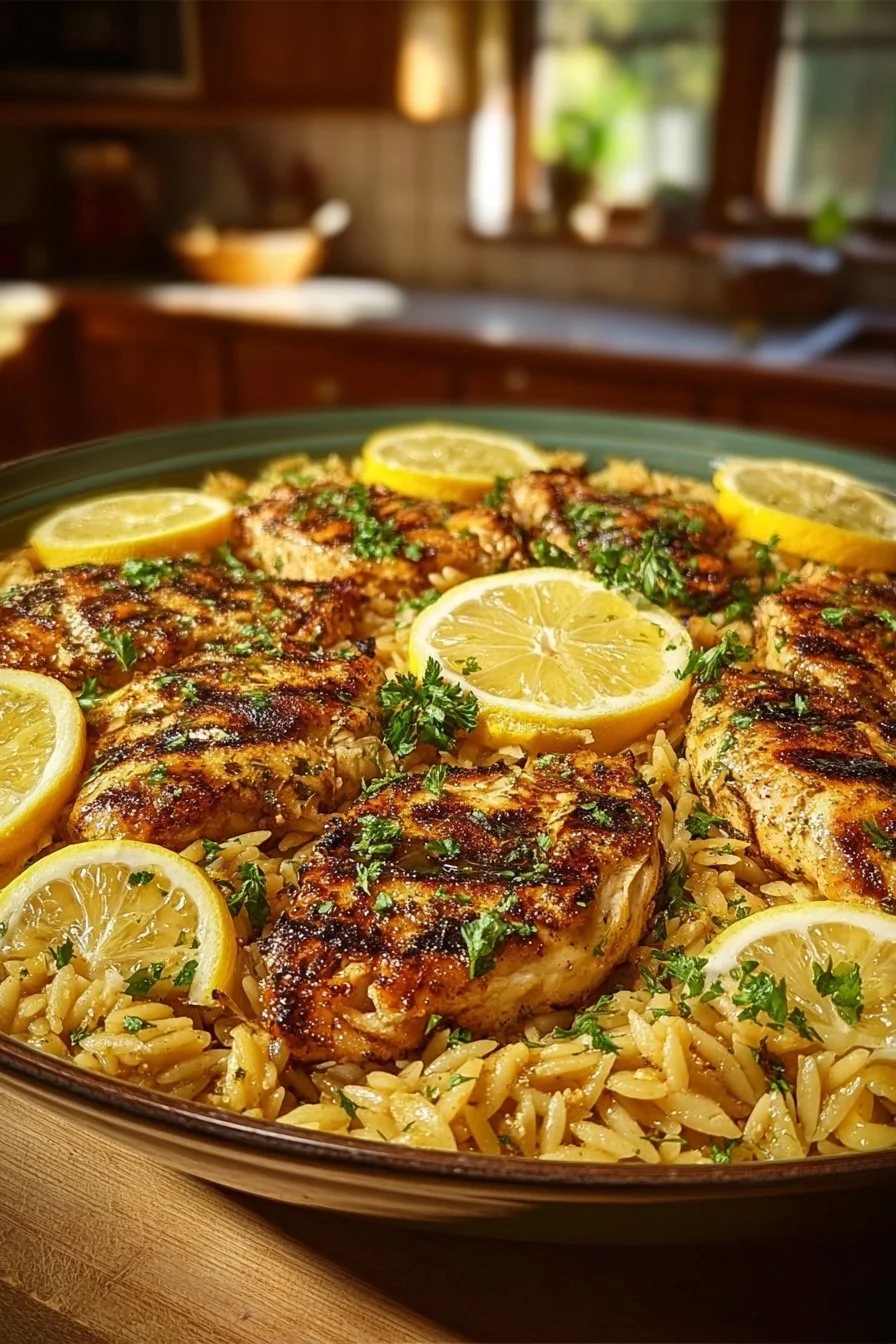 Creamy lemon chicken orzo dish in a skillet, garnished with fresh herbs.