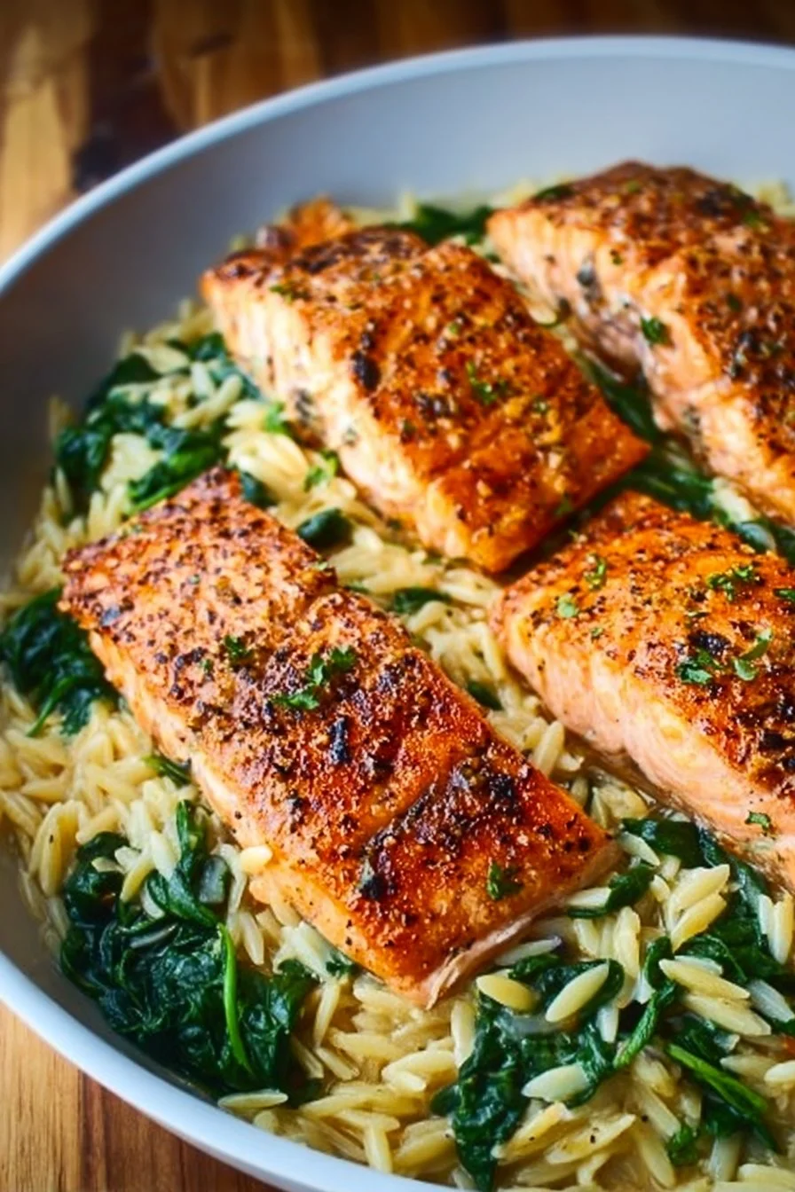 One skillet salmon dish with lemon orzo in a vibrant presentation