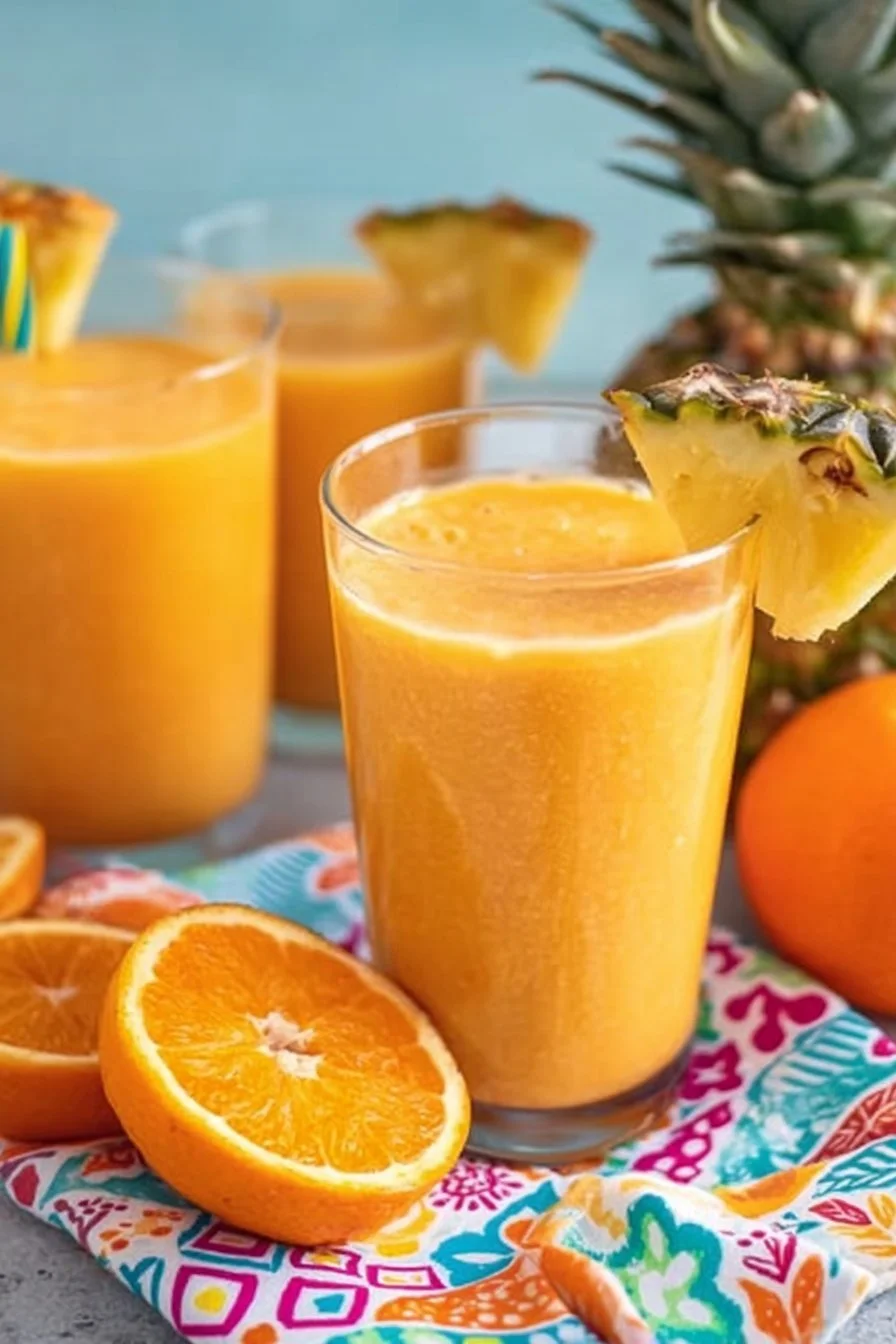 Delicious Orange Pineapple Banana Smoothie in a glass with fresh fruit