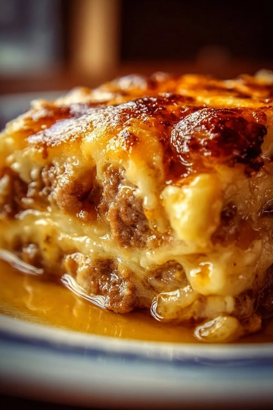 Delicious pancake sausage casserole served in a baking dish