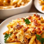 Pasta Bake with Sausage served in a rustic dish, topped with melted cheese