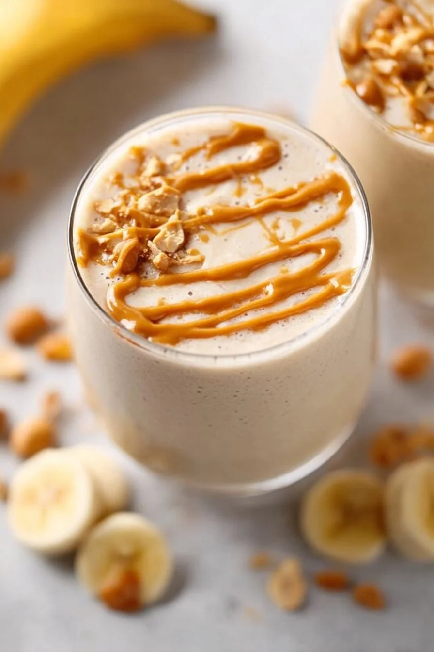 Peanut Butter Banana Smoothie in a glass with a straw and banana slices on top.