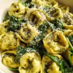 Delicious Pesto Tortellini dish garnished with fresh basil.