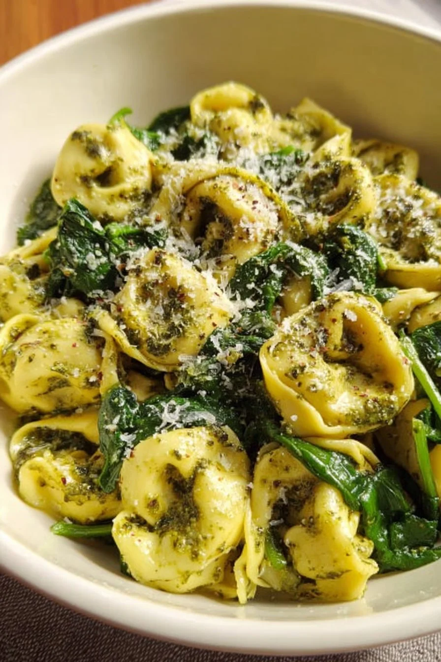 Delicious Pesto Tortellini dish garnished with fresh basil.
