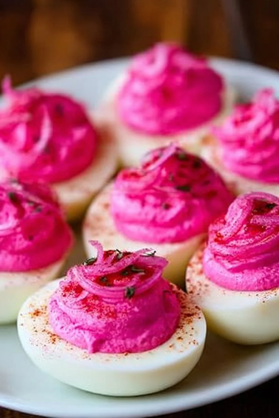 Delicious pickled onion deviled eggs garnished with herbs on a plate