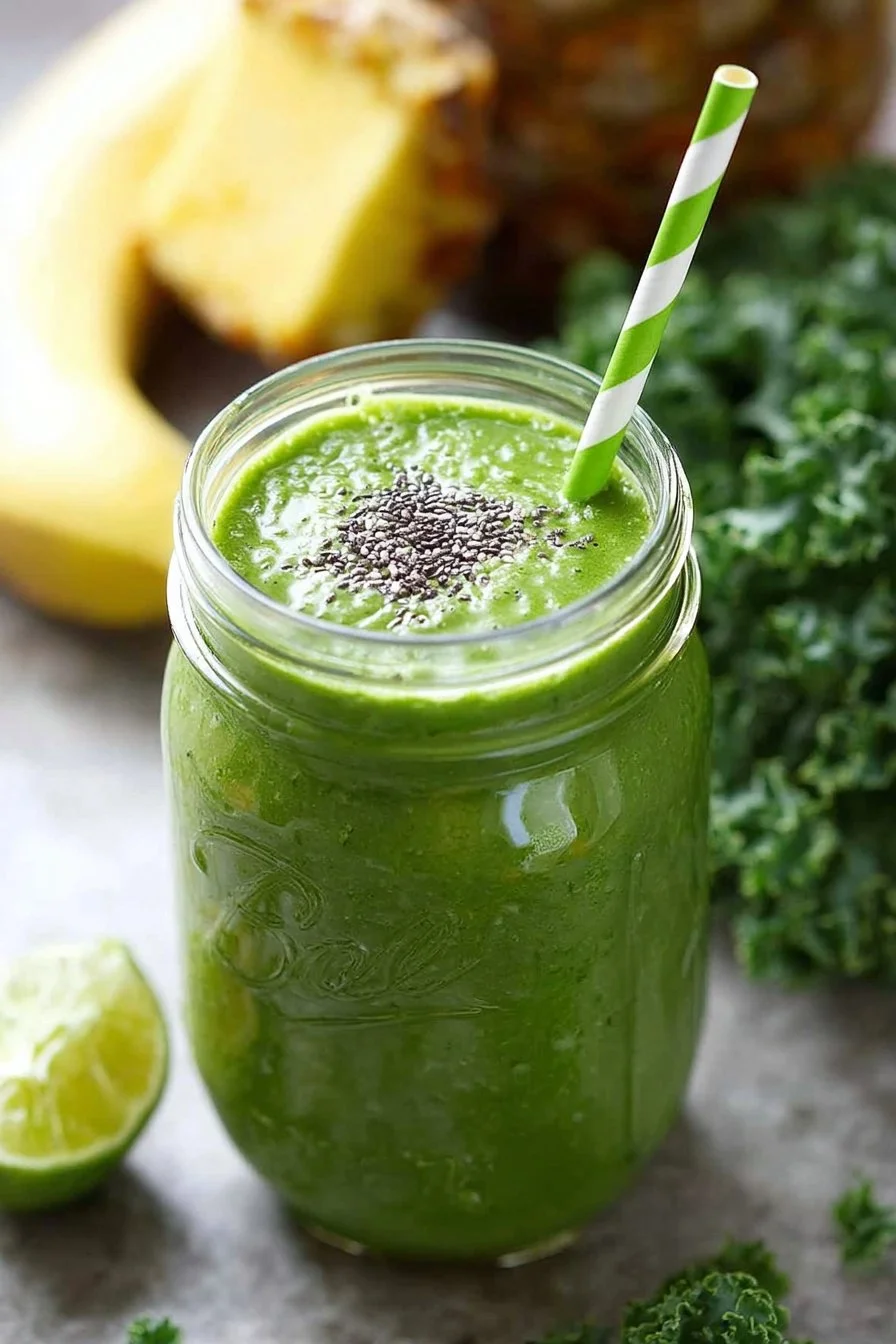 Delicious Pineapple Banana Kale Smoothie in a clear glass with fresh ingredients