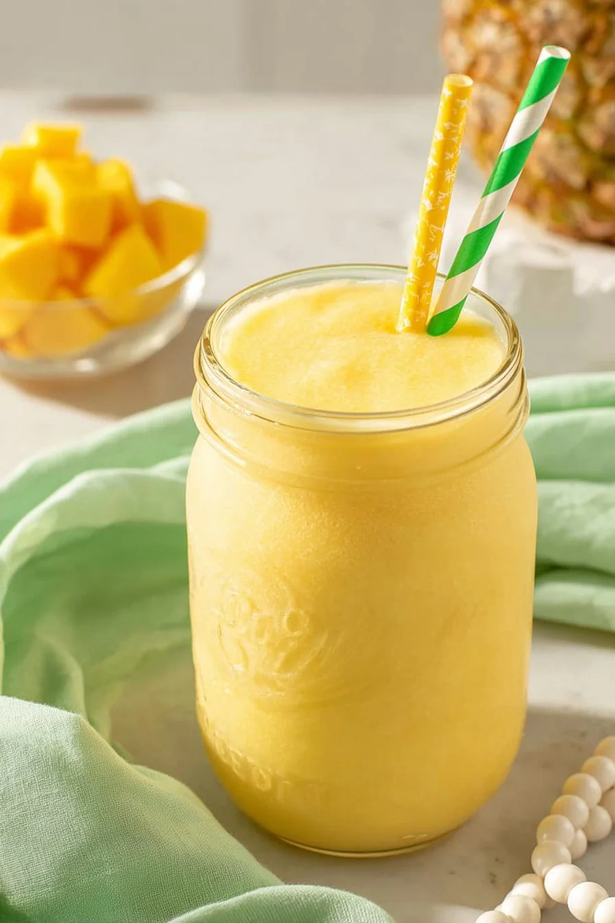 Delicious Pineapple Orange Smoothie in a glass with tropical fruits.