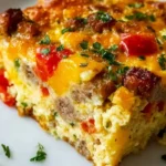 Pioneer Woman breakfast casserole served in a baking dish.