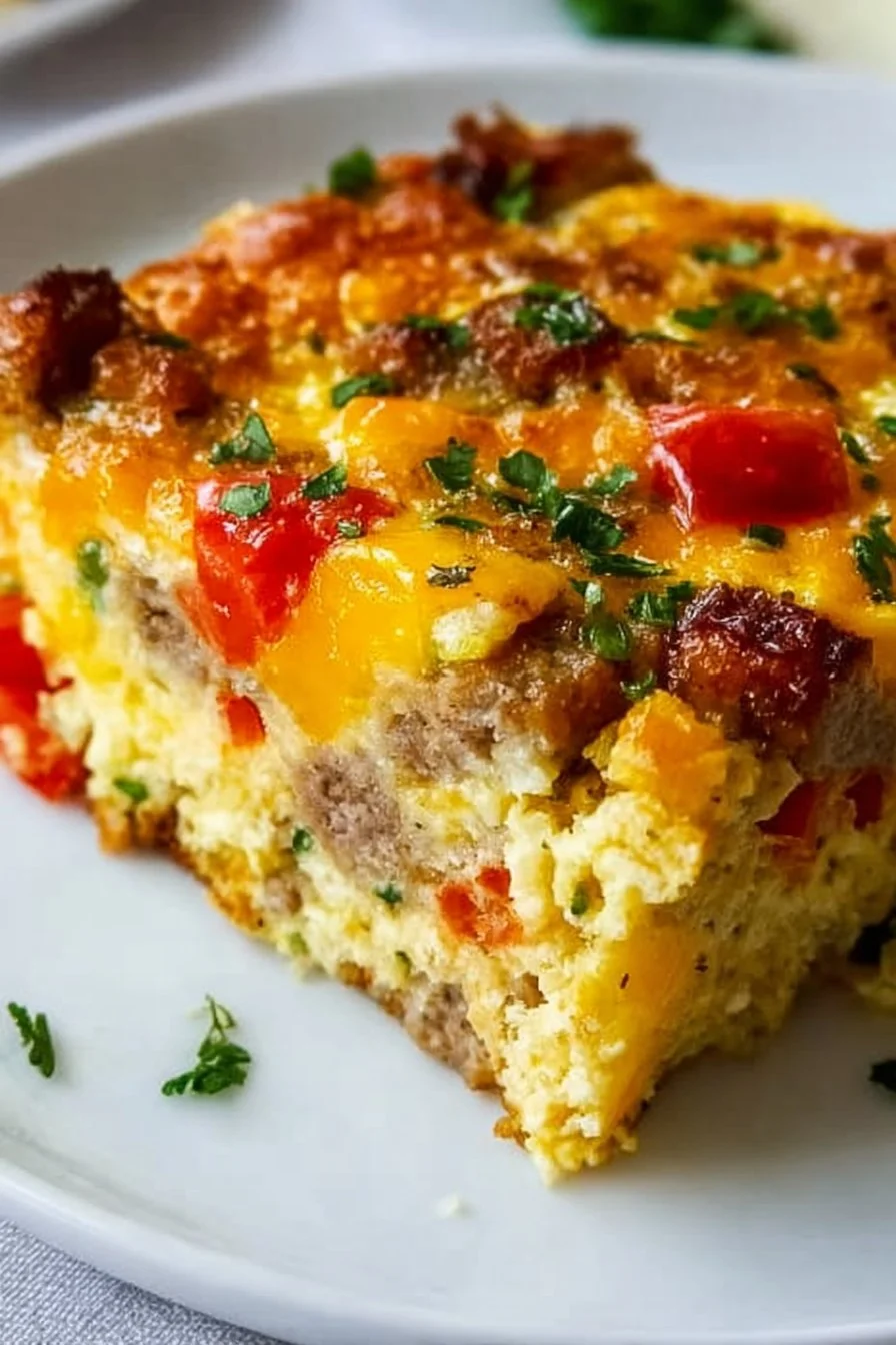 Pioneer Woman breakfast casserole served in a baking dish.